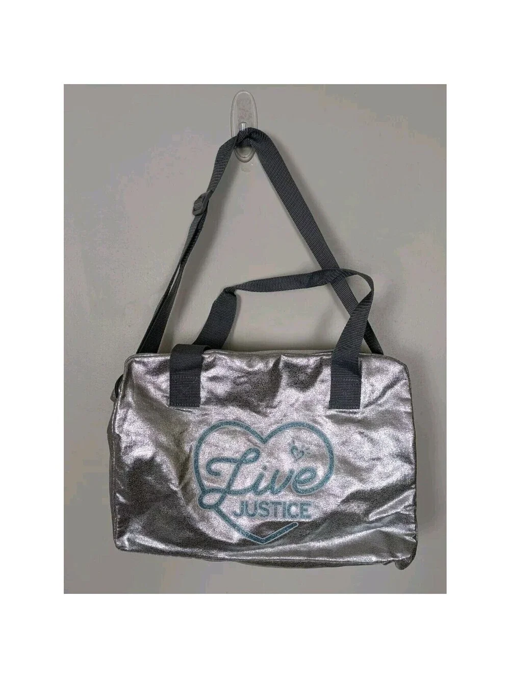 Justice Live Girls Silver Duffel Gym Bag Blue Shiny Sparkly 11x15x6